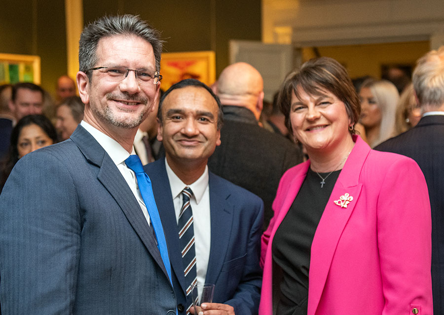 L-R Steve Baker, Minister of State Northern Ireland; Neil Lal, President, Indian Council of Scotland, Baroness Foster
